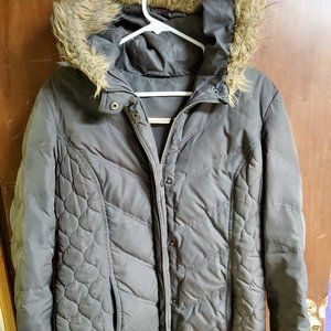 Brown/Gray DKNY Coat with Fur Trimmed Hood - Large